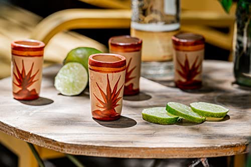 Mextequil - Tequila Shot Glasses - Set Of 4 Terracotta Mexican Shot Glasses - 2 Oz - Natural & Colorful Clay - Barro Canelo & Capulineado - Handcrafted Hand-Painted (Agave) #TOP2