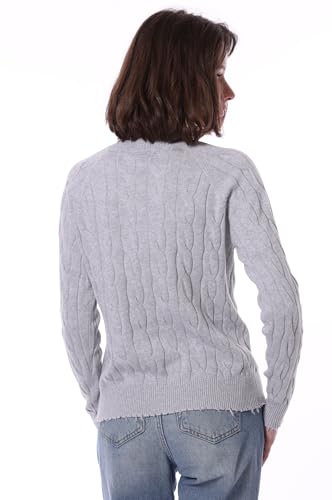 Image of Minnie Rose Women's Crewneck Cable Cotton Frayed Sweater