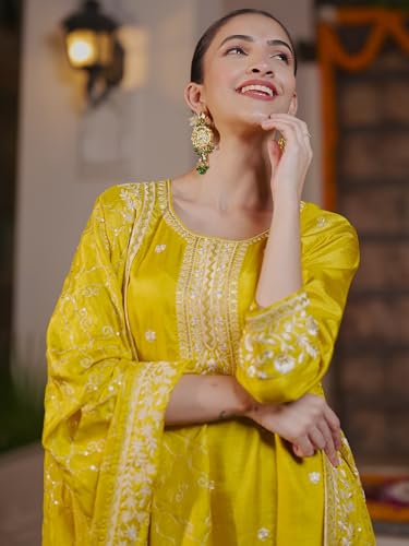 Image of INDO ERA Women's Embroidered Silk Blend Calf Length Straight Kurta Pant And Dupatta Set (KH9MR6194)