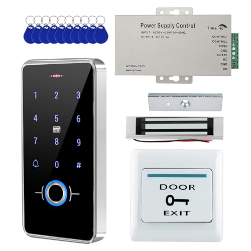 Image of ReaIOKbii IP68 Waterproof Outdoor Fully Fingerprint Door Access Control System Kit – RFID Keypad Entry with 180KG Magnetic Lock, 13.56MHz, DC12V Power Supply, Exit Button & 10 Key Fobs