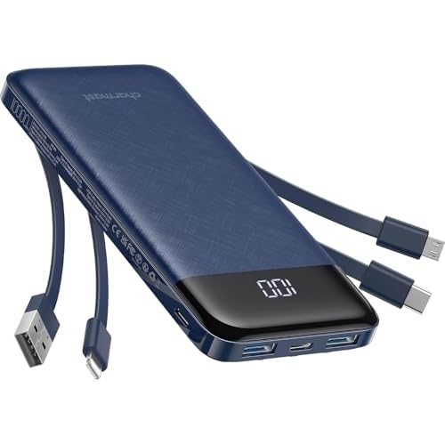 charmast Portable Charger with Built in Cables, Power Bank with Cords Wires, Slim 10000mAh Travel Battery Pack 6 Outputs 3 Inputs 3A Fast Charging for Samsung Google Pixel LG Moto iPhone iPad
