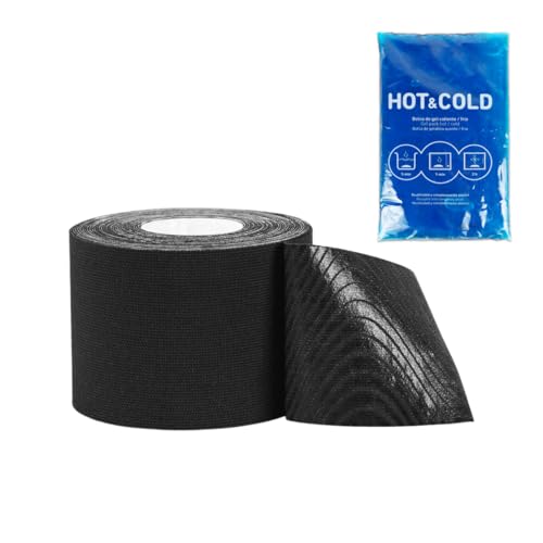 Cinta Kinesiológica 5m x 5cm – Incluye Bolsa Frío Calor – Vendaje Neuromuscular Elástico y Resistente al Agua – Algodón y Elastano para Deporte, Recuperación y Soporte Muscular (Negro)