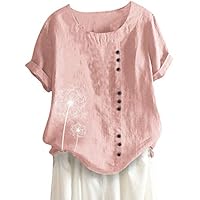 2023 Camisa de Manga Corta Mujer, Lino basic Suelto Tee vacación cárdigan Moda Casual Cuello Redondo Primavera otoño Tops Elegante Impresión Fiesta T-Shirt original Blusa camiseta