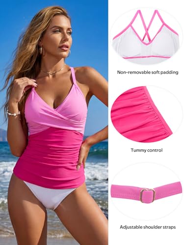 Image of RELELCIGA Women's Tankini Top V Neck Ruched Tummy Control Bathing Suit Top