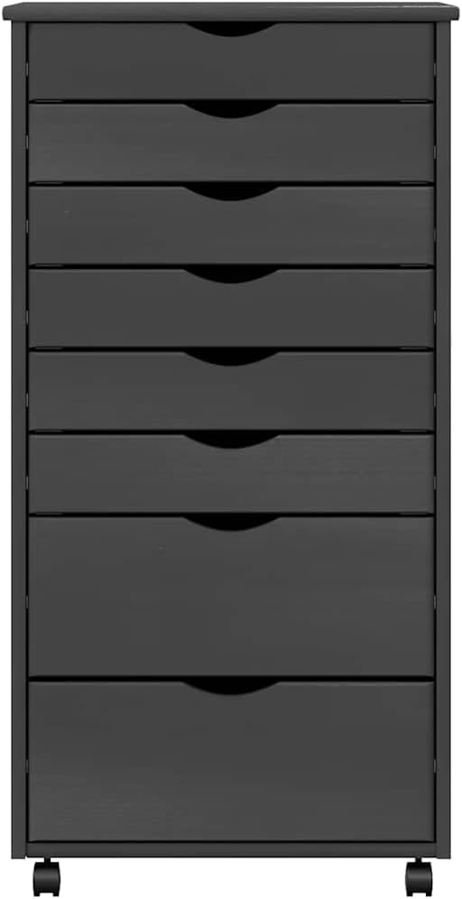Grey Rolling Cabinet with 8 Drawers, Solid Pine Wood and Engineered Wood Construction, Mobile Storage Trolley with 4 Wheels for Office and Home Organization