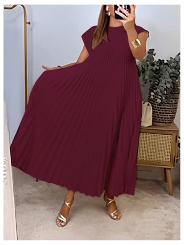 Image of GORGLITTER Women's Pleated Flowy Chiffon Church Dresses Elegant Summer Short Sleeve Wedding Guest Maxi Dress Outfits