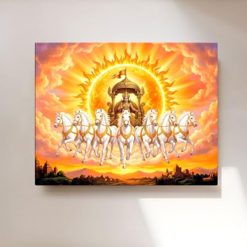 Image of ArtX Canvas Surya Dev With 7 Horses Painting Vastu Frame Wall Art Painting, White Running Horses With Rising Sun, Wall Decor, Multicolor, Nature, 58.0 X 45.0 cm, Set of 1