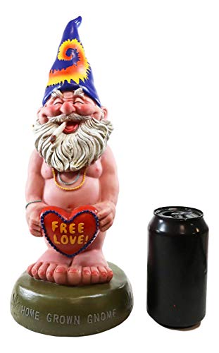 Ebros Free Spirited Smoking Naked Hippie Gnome Statue 13.5" H Carefree Garden Gnome With Free Love Heart Sign Figurine #TOP6