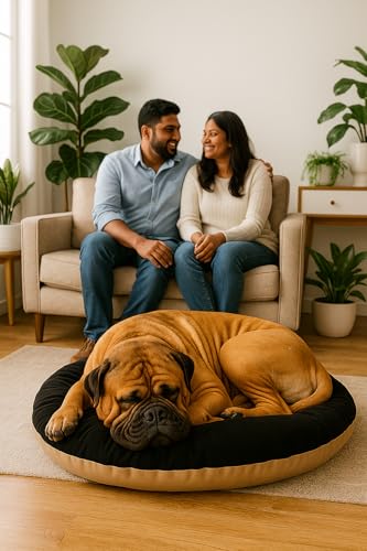 Image of The Pets Company Calming Dog & Cat Bed | Soft Fluffy Donut Reversible, Washable Pet Bed for Puppies | Cozy Plush Anti-Anxiety Cushion |, (L-38 Inch x B-38 Inch x H-6 Inch), Black & Beige-XLarge