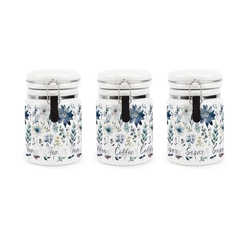 Blue Pastel Flowers Tea Coffee Sugar Ceramic Canisters Set - Pretty Watercolour Floral Gifts - Ceramic Kitchen Food Storage Containers with Clip Lid 400ml (13.5cm x 8.5cm) Set of 3