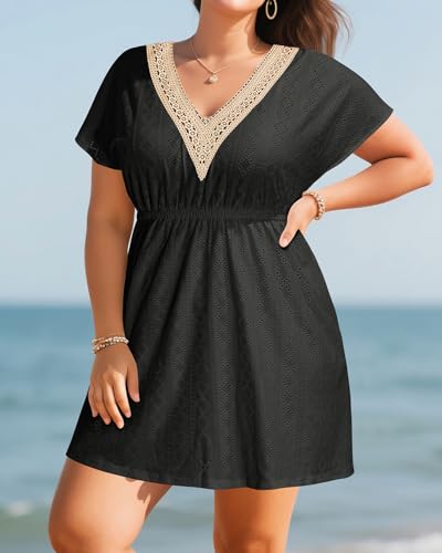 Plus Size Swimsuit Cover Up - Women Hollow Out Lace V-Neck Casual Swimwear Coverups4