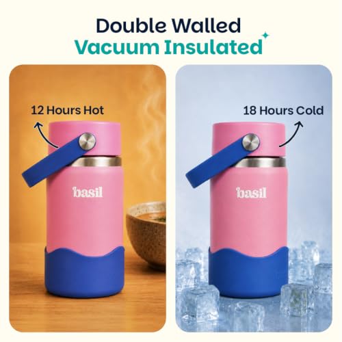 Image of Basil HydraFizz Stainless Steel Insulated Kids Water Bottle for School, 380ml Leakproof Bottle with Straw & Carry Handle, Double Wall Vacuum Thermosteel Bottle for, Sports, Travel & Outdoor Use | Reef