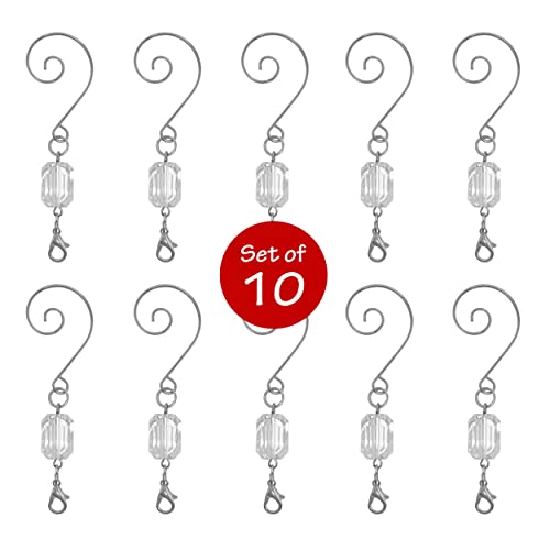 Christmas Ornament Hooks - Clear Acrylic Gem - Silver Wire Swivel Ornament Hooks - Set of 10 Hangers - 3" Long