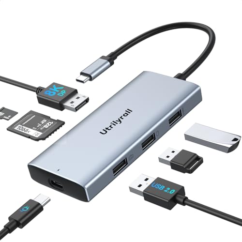 Utrilyrall USB C to DisplayPort Adapter 7-in-1 USB C Hub with DisplayPort 8K@30Hz/4K@120Hz 87W PD Charging 3 USB 2.0 Ports SD/TF Card Reader for MacBook Pro/Dell/HP/iPad/USB-C Laptops/Tablets