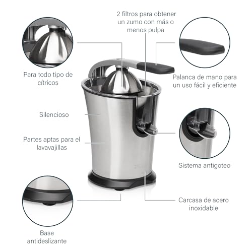 Miniatura 5 de Princess 201860 Exprimidor De Cítricos Master Juicer Pro, Cono Universal De Acero Inoxidable, Brazo De Palanca Profesional, Potente Motor De 300 W, Filtro Para Pulpa, Depósito Con Sistema Antigoteo