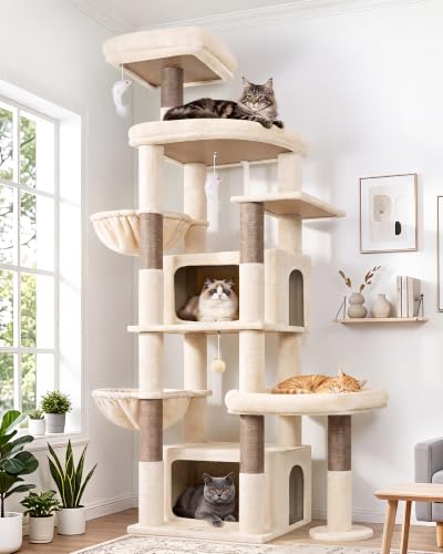 Image of Globlazer 75in Sturdy Cat Tree for Large Cats, Heavy Duty Multi-Level Cat Tower for Indoor Cats with Extended Platform, 2 Spacious Condos, 2 Padded Perches, 6 Sisal Scratching Posts, S75, Beige