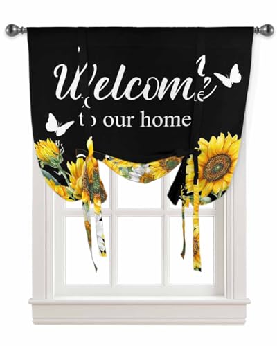 Tie Up Curtains for Windows Welcome Home Sunflower Funny Words Rod Pocket Window Shade Adjustable Balloon Curtain Valance Black Yellow for Bedroom Kitchen Bathroom Blinds,34x45In