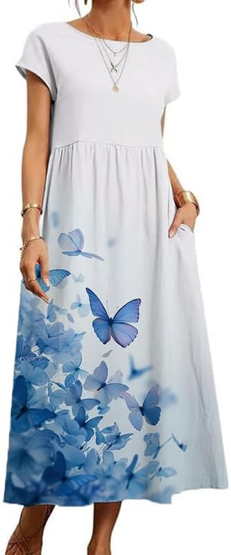 Cotton T Shirt Dresses for Women Cap Sleeve Crewneck Empire Waist Flowy Swing Summe...