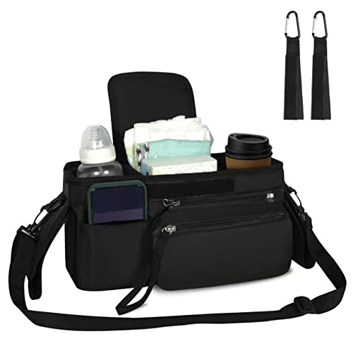 Image of Baby Stroller Organizer with 2 Insulated Cup Holders & Detachable Phone Bag Stroller Caddy for Carrying Diapers, Keys, Cell Phone Stroller Accessories Fits for All Sttollers