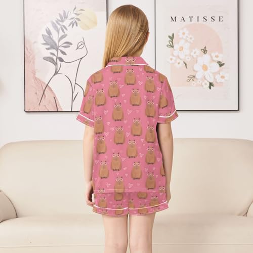 Capybara Cute Pattern Summer Satin Pajama Set, Cute Button-Down Sleepwear Pj Set for Sleep Wears4