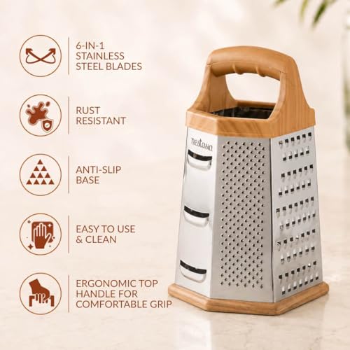 Image of Nestasia 6 in 1 Grater Stainless Steel for Kitchen (8 Inches) - Multipurpose Rust-Resistant 6 Side Vegetable Grater & Slicer | 100% Food Safe & Anti-Slip Base Shredder for Cheese, Carrots & More