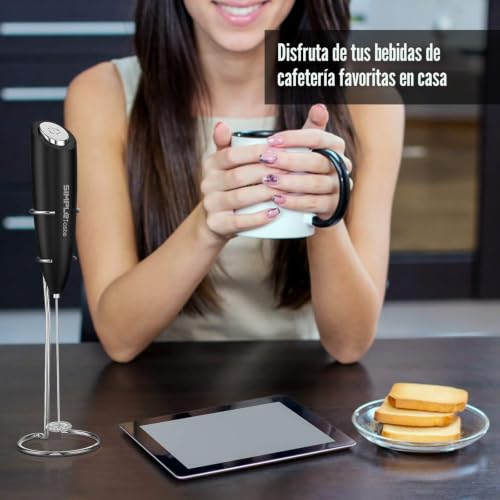 Miniatura 3 de Simpletaste Espumador De Leche Eléctrico De Mano, Con Soporte Acero Inoxidable, Batidor De Café Latté Capuchino 2 Pilas Aa Incluidas -Negro