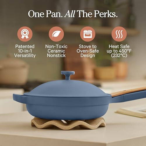 Image of Our Place Always Pan 2.0-10.5 inch (2.6 Qt) Nonstick, Toxin-Free Ceramic Cookware | Patented 10-in-1 Aluminum Frying & Saute Pan | Safe for Oven, Induction & All Cooktops up to 450F | Blue Salt