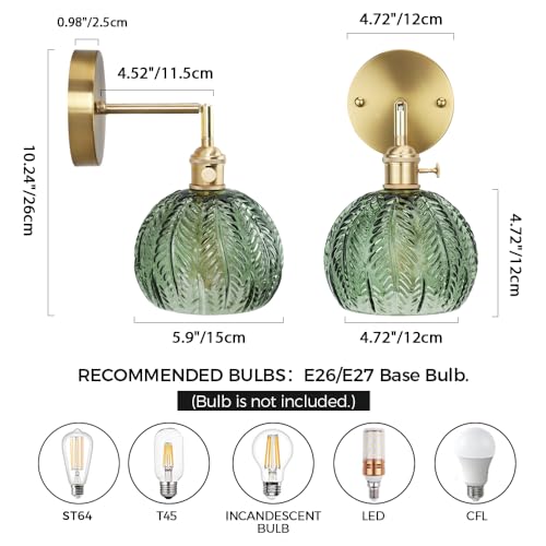 Image of Cerdeco Vintage Wall Sconce with Green Leaf Glass Shade,180Adjustable Arm and Golden Base,Modern Indoor Wall Light Lighting for Bedroom