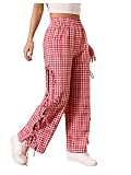 OYOANGLE Women's Plaid Print Tie Side Casual Pants High Elastic Waist Straight Leg Trousers Red and White Medium