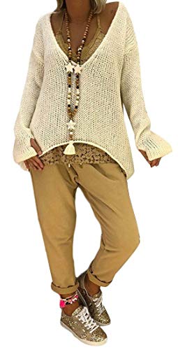 Selx Suéter feminino de cor lisa irregular gola V ajuste solto pulôver de manga comprida, Apricot, M