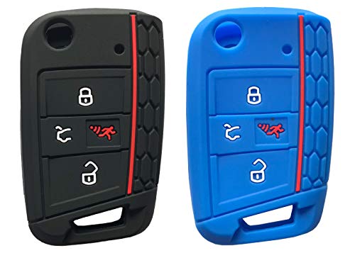 Horande Silicone Protector Key Fob Cover Case fit for VW Tiguan GTI Jetta Golf Polo Keyless Entry Remote Key Fob (Black+Blue)