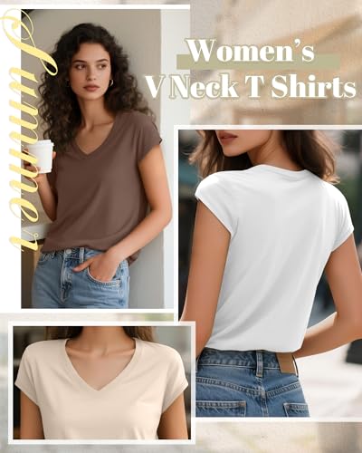 4 Pack Women's V Neck T Shirts, Cap Sleeve Tops Casual Summer Tshirts Solid Color Basic Tees3