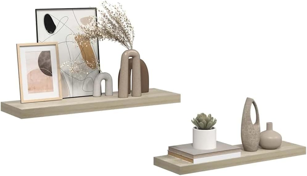Floating Wall Shelf Set of 2, Modern Oak Honeycomb MDF, 31.5 x 9.3 x 1.5 Inch Ledge Shelves for Living Room, Bedroom, Bathroom Decor