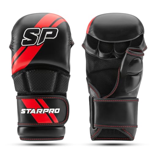 Starpro Guantes MMA de Cuero PU para Sparring y Agarre en el Entrenamiento de Combate Muay Thai Artes Marciales MMA Kickboxing Fitness - Hombres y Mujeres - Negro
