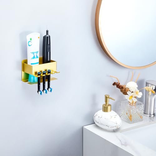 Image of Toothbrush Head Holders, Electric Tooth Brush Head Holder, Adhesive Toothpaste Holder for Shower Bathrooms, Wall Mounted Tooth Brushing Holder Organizer Storage (Gold, Small)