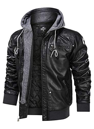 Hood Crew Men's Warm PU Faux Leather Zip-Up Motorcycle Bomber Jacket With a Removable Hood Black XXXL