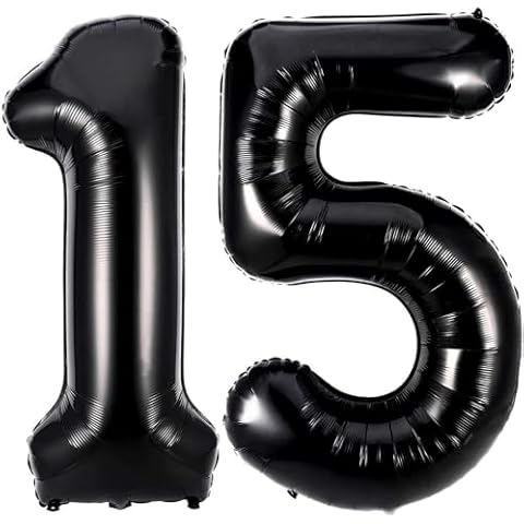Black 15 Number Balloons, 40 Inch Giant Number 15 Balloons Foil Mylar Helium Black Number Balloons for 15th Birthday Party Supplies Anniversary Event Celebration Decorations Cover