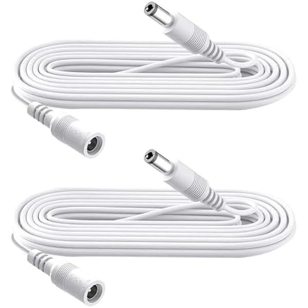 2-pak 2 m DC Power przedłużacz, wtyczka 5,5 mm x 2,1 mm, obsługuje DC 5 V, 6 V, 9 V, 12 V, 24 V, do kamer bezpieczeństwa, DVR, routerów, drukarek, taśm LED, biały