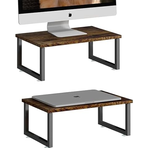 Simple Trending 2 Pack Monitor Stand Riser, Wood Desk Storage Organizer for Office Laptop, Computer, Antique Brown Cover