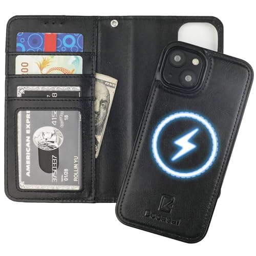 Bocasal for iPhone 14 Wallet Case Compatible with MagSafe Wireless Charging, RFID Blocking Magnetic Leather Case with Card Slots Holder Kickstand Detachable Wrist Strap 6.1 Inch (Black)