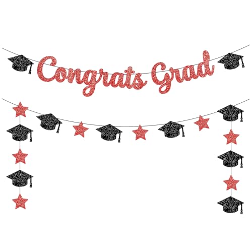 Image of Graduation Decorations 2026 | Glitter Congrats Grad Banner Red and Black - 10 Feet | Black and Red Graduation Banner | Grad Cap Garland for Grad Decorations Class of 2026, KatchOn