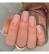 Celepaty French Tip Press on Nails Short Silver Glitter Glossy Glue on Fake Nails Kits Square Ova...