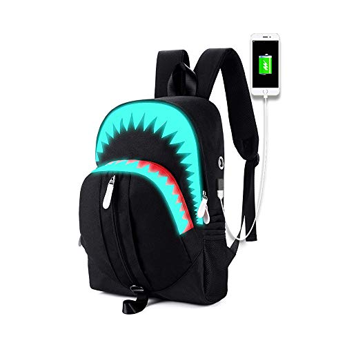 TTD Luminous Backpack Big Mouth Shark Backpack with USB Charging Port for School Bag Travel Rucksack