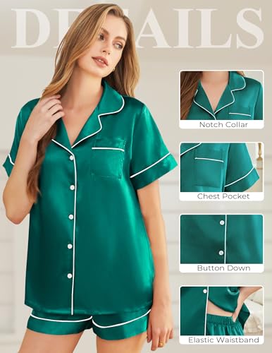 Image of Silk Pajamas for Women Short Sleeve Sleepwear Soft Button Down Loungewear 2 Piece Satin Pjs Shorts Set S-XXL