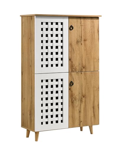 Image of DeckUp Ceylon 4-Door Engineered Wood Shoe Rack (Wotan Oak & White, Matte Finish)