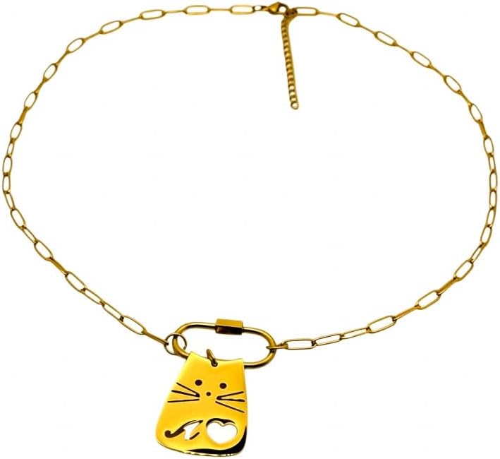 18K PVD Gold Stainless Steel Cat Pendant Necklace, Paperchain Link Chain, 45cm with 5cm Extension