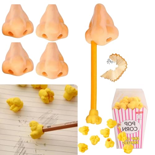 4pcs Office Supplies Set Nose Pencil Sharpener and 16 Pcs Pencil Erasers Toppers Cap Eraser Set - Great Gag Gift and Stocking Stuffer (4pcs +16Pcs)