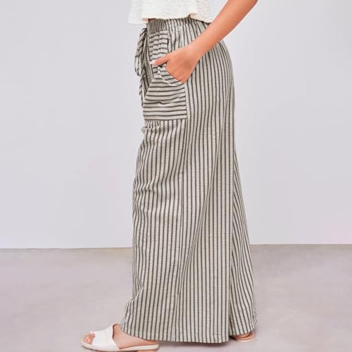 Striped Wide Leg Pants Women Drawstring Elastic Waistband Pant Lounge Palazzo Trousers Beach Vacation Clothes3