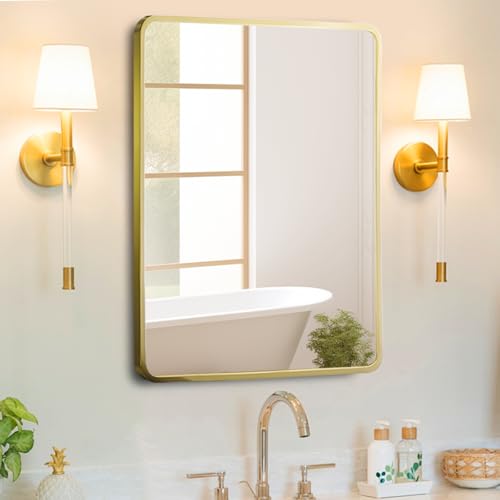 Movo 20x31 Inch Recessed or Surface Mount Medicine Cabinet with Mirror Aluminum Metal Framed Bathroom Mirror Medicine Cabinet Rectangle Storage Cabinet Gold