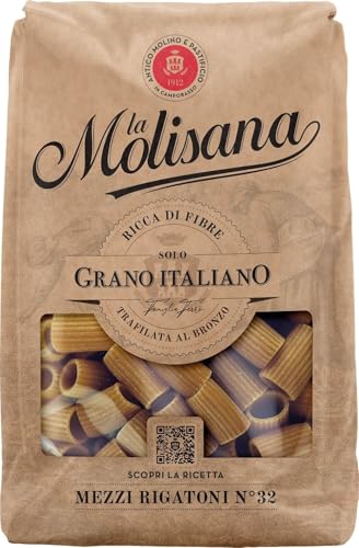 La Molisana - Mezzi Rigatoni Integrali n. 32, Pasta Integrale da Grano Italiano, Ricca di Fibre, Spessa e Trafilata al Bronzo per Sughi Corposi, Confezione da 500 g